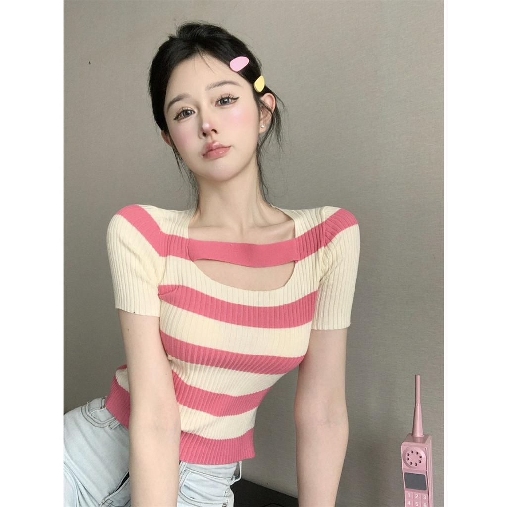 Áo Thun Ngắn Tay Cổ Vuông Họa Tiết Kẻ Sọc Thiết Kế Mới Thời Trang Mùa Hè Cho Nữ