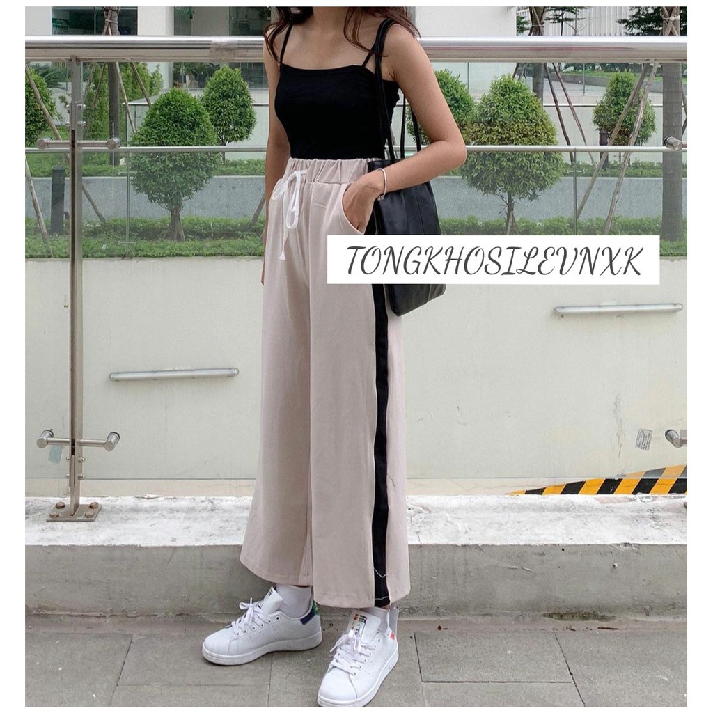 QUẦN CULLOTES SỌC DÁNG DÀI MÀU BE - QUẦN CULLOTE VIỀN ĐEN 1 SỌC