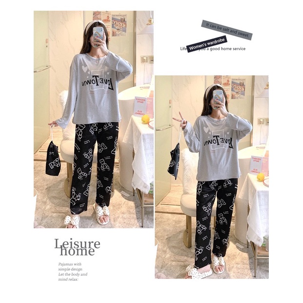 Đồ bộ thun tay dài Quảng Châu, pijama quần dài, đồ mặc ở nhà họa tiết hoạt hình dễ thương
