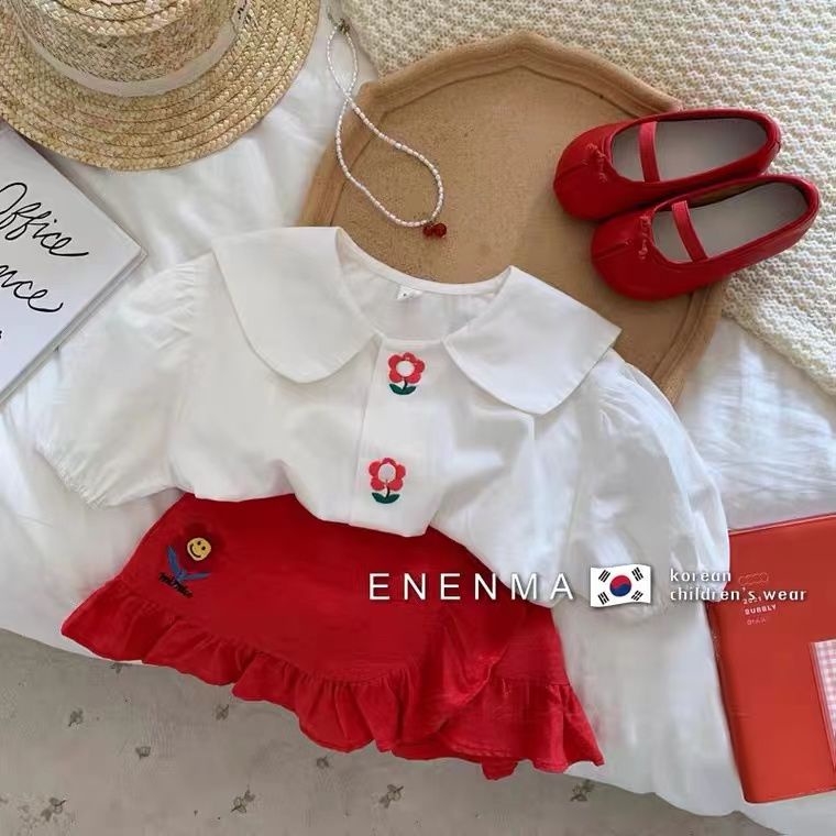 Girls' summer clothes suit 2022 new fashionable short-sleeved baby girls' summer doll shirt skirt two-piece suit fashionable