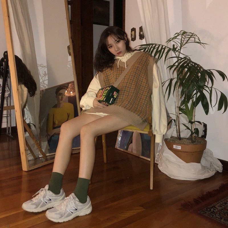 Áo khoác dệt kim Pure Cube cổ chữ V dáng rộng họa tiết sọc caro thời trang cho nữ