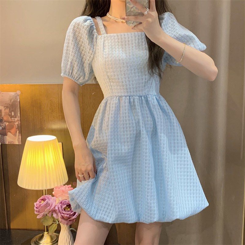 Đầm Tay Phồng Cổ Vuông Thắt Nơ Ngọt Ngào Hàng Mới Dành Cho Nữ