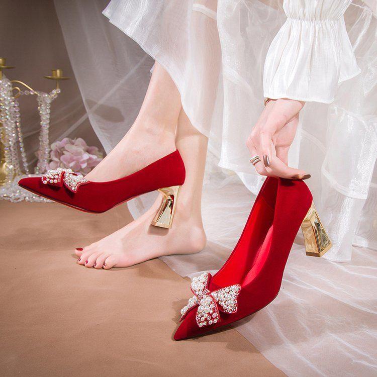 Giày Cao Gót Màu Đỏ Sang Trọng Thời Trang Mùa Đông Hàng Mới Dành Cho Cô Dâu
