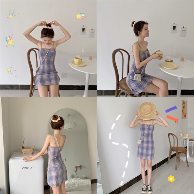 Đầm sọc xanh kẻ ô 2 dây form ngắn hot hit | BigBuy360 - bigbuy360.vn