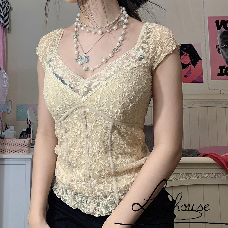 Áo thun tay ngắn cổ chữ V phối ren thời trang xuân hè cho nữ