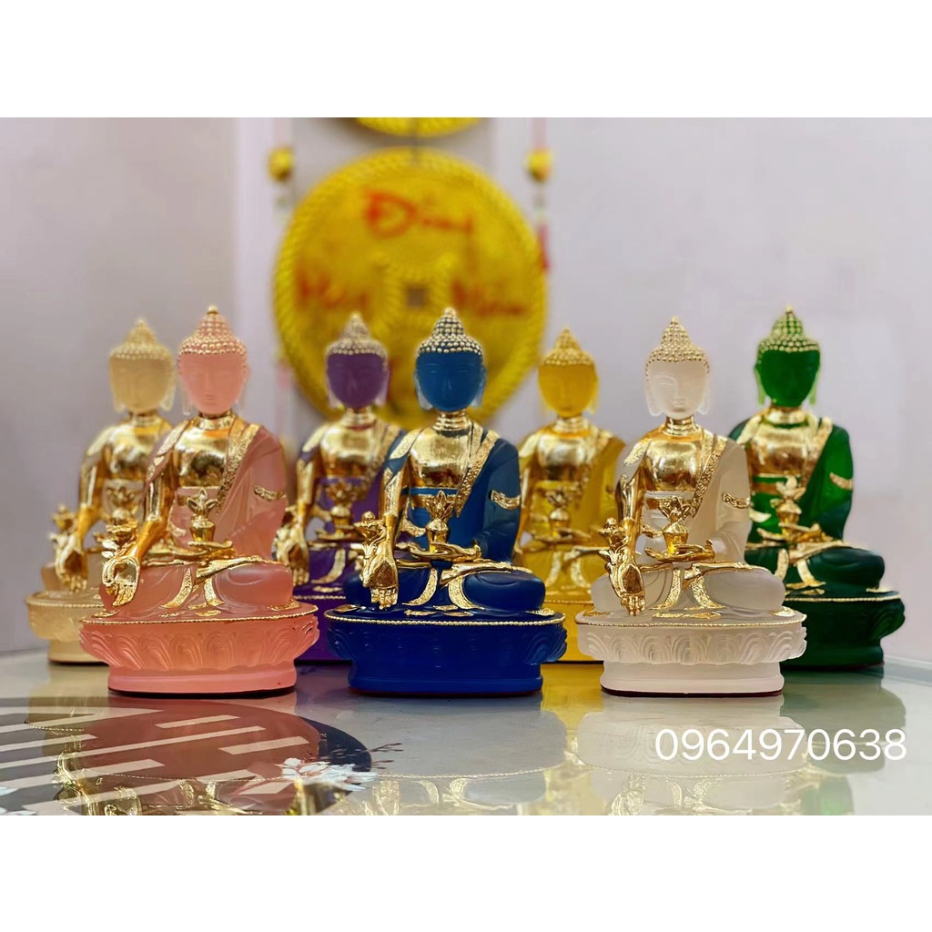 TƯỢNG DƯỢC SƯ THỦY LƯU LY 7 MÀU 1 THẾ TAY DÁT VÀNG 999