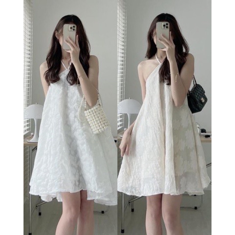 Váy cổ yếm dáng xoè ngắn hoa chìm tiểu thư điệu đà đi biển du lịch chụp ảnh sinh nhật nàng thơ mùa hè nữ tính hàn quốc