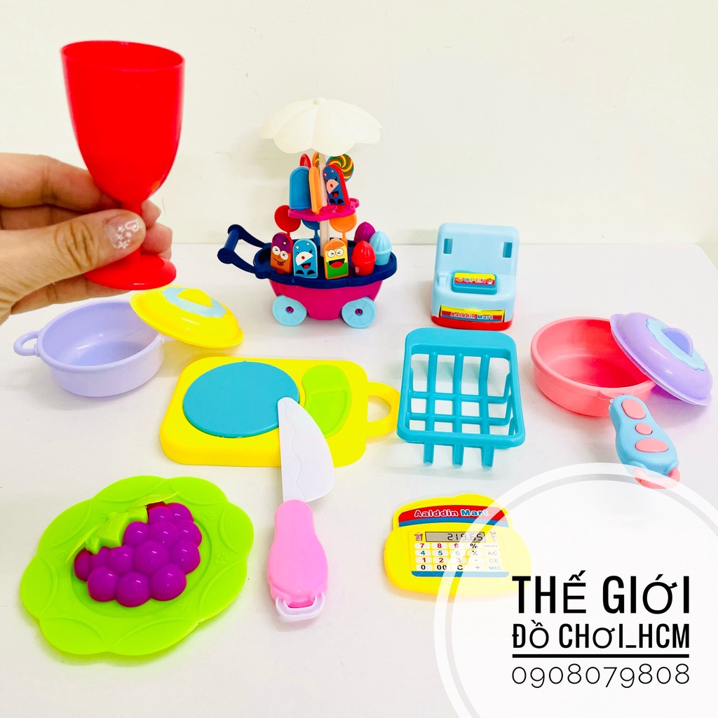 [TRỢ GIÁ-NHIỀU CHI TIẾT] Túi đồ chơi nhà bếp nấu ăn gồm XE KEM, chảo, nồi, kèm phụ kiện rau quả y hình dành cho bé