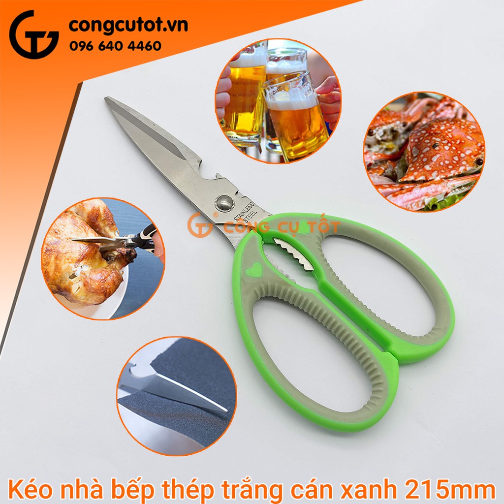Kéo nhà bếp thép trắng cán xanh 215mm YL9210 chuyên cắt tôm gà, mở bia, kẹp quả, kẹp càng cua ghẹ
