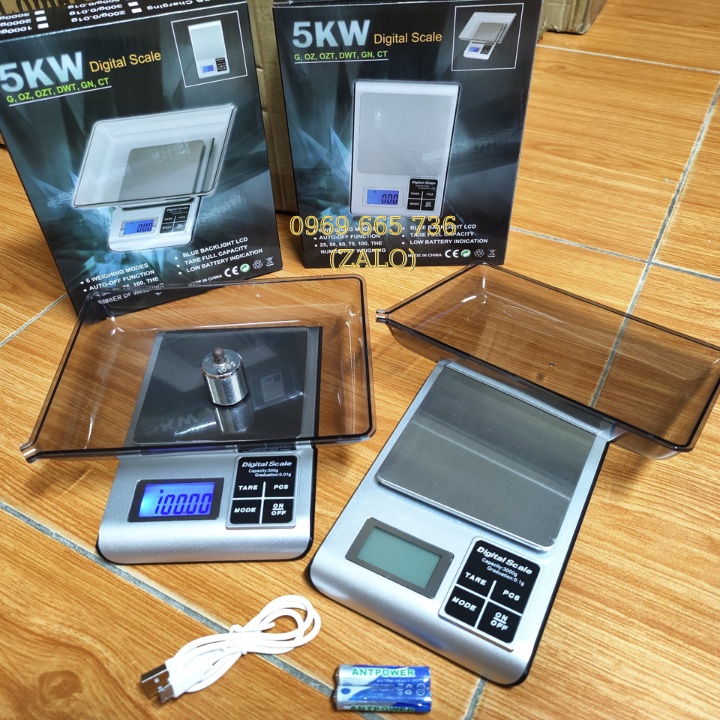 Cân điện tử nhà bếp DH-5KW chính xác cao với các mức cân 500g/0,01g - 3kg/0,1g.Tặng kèm đĩa cân, dây sạc usb và pin aaa