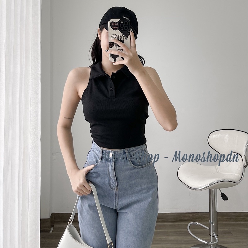 Áo croptop ba lỗ cổ polo nút cài sát nách dáng ôm Ảnh thật/ sẵn