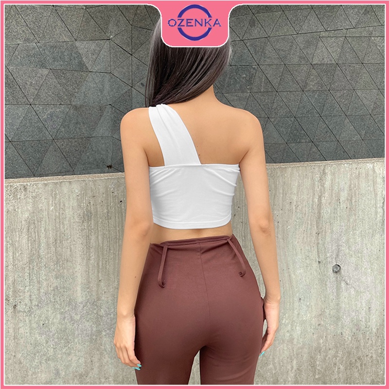Áo sát nách croptop nữ dây lệch OZENKA , áo dây quây ngực gợi cảm chất thun gân cotton siêu mát màu đen trắng dưới 50kg
