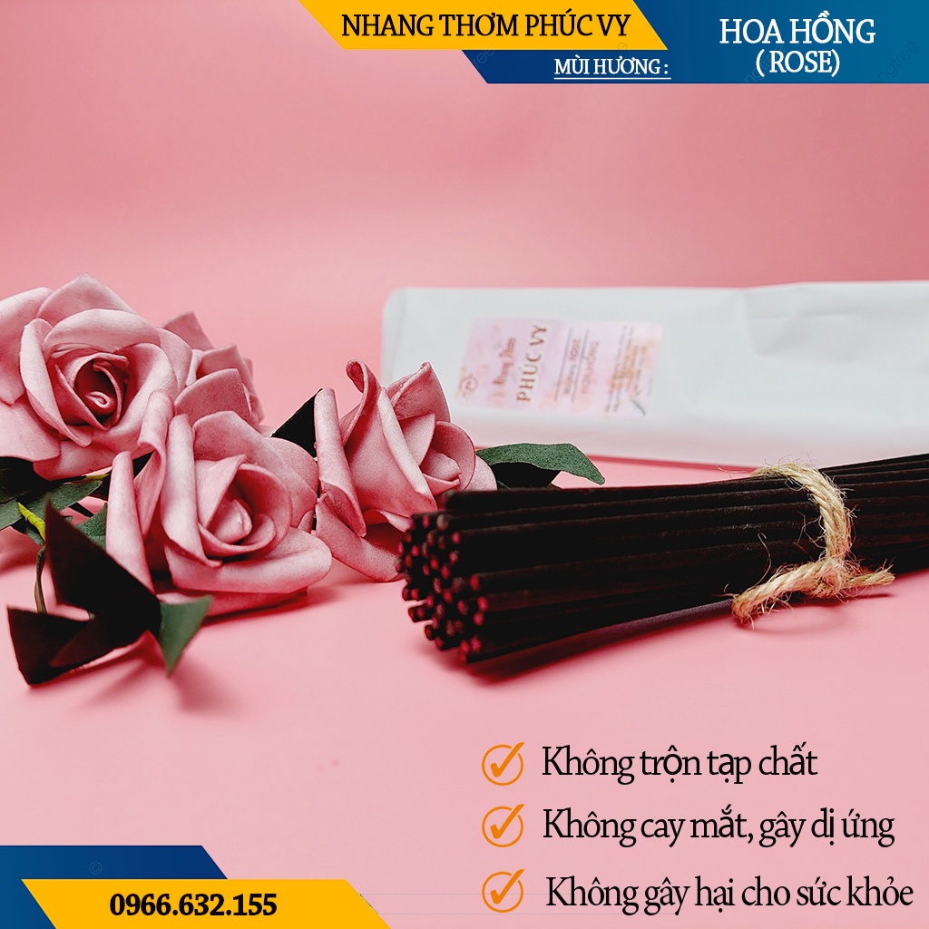 Nhang Thơm Phúc Vy Hương Hoa Hồng Rose - Túi 39 Cây 28cm, Ít Khói, Thơm Nhẹ, Dễ Chịu, Không kích mũi
