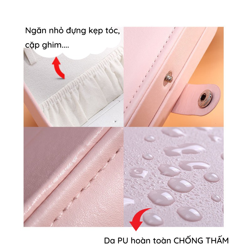 Hộp đựng trang sức mini bằng da PU cao cấp sang trọng chia ngăn để dây chuyền, nhẫn, vòng cổ tiện lợi 16cm