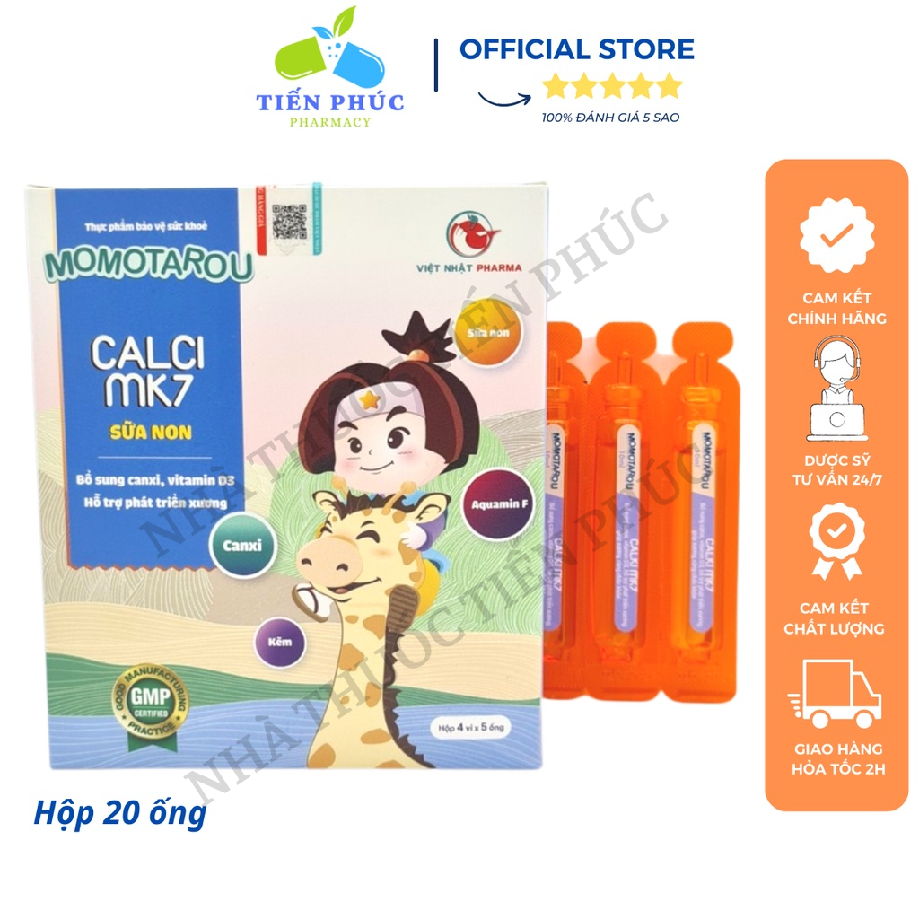 Siro Momotarou Calci Mk7 sữa non - Bổ sung canxi, vitamin D3 hỗ trợ phát triển xương khớp Hộp 20 ống