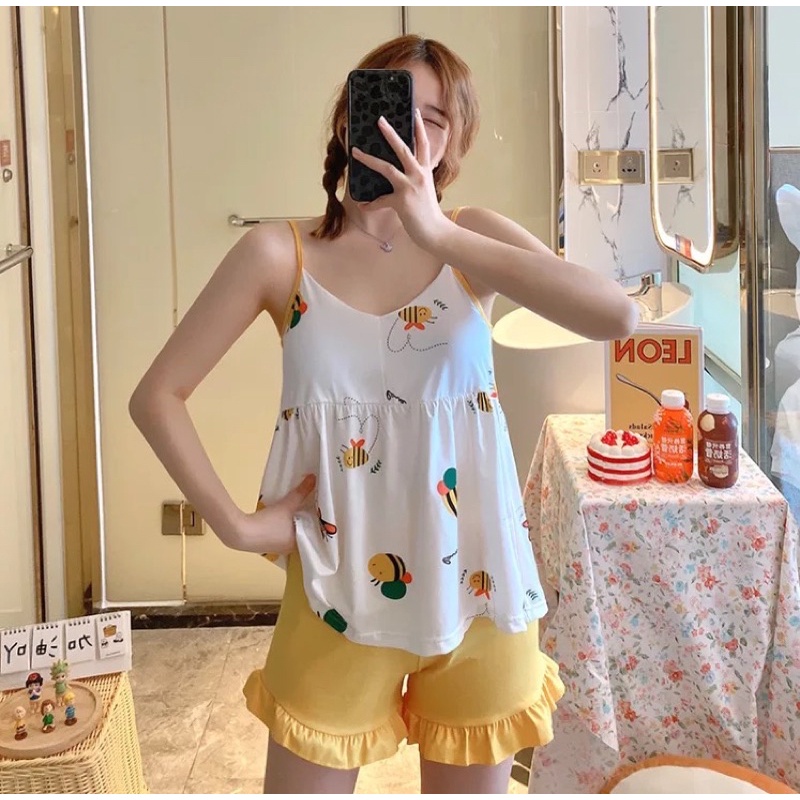 Đồ Bộ Nữ Mặc Nhà 2 Dây Xinh Xắn Kèm Đệm Mút Ngực Chất Cotton Co Giãn TOPBRA