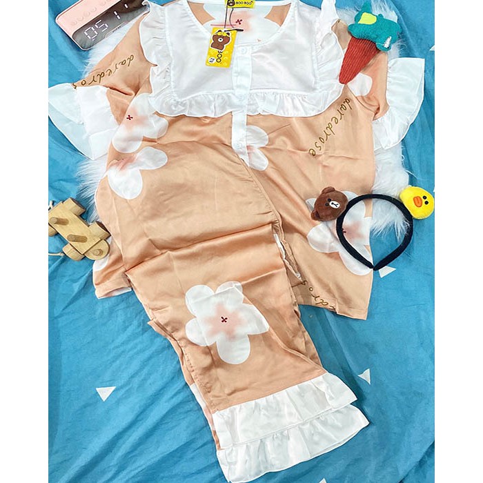 Đồ Bộ Pijama Satin Bèo Tay Ngắn Quần Dài In Hình Dễ Thương Form Dưới 60KG