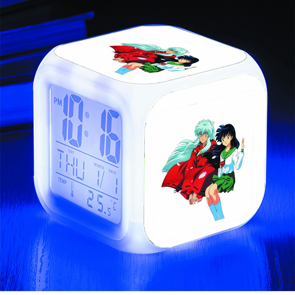 Đồng hồ báo thức để bàn in hình Inuyasha Khuyển Dạ Xoa anime chibi LED đổi màu