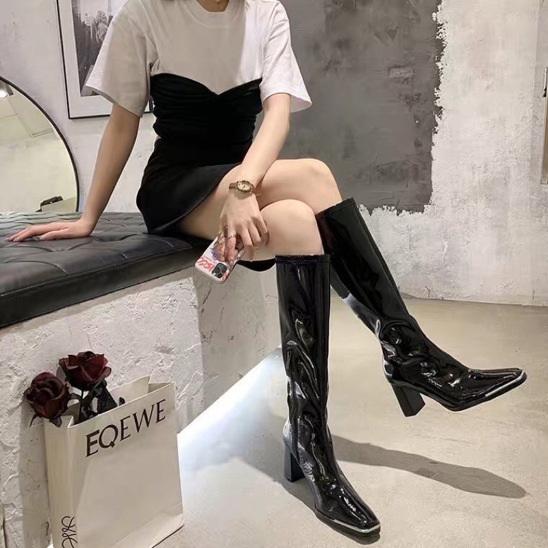 [Sẵn ảnh thật] Giày boots cao gót nữ gầy nhưng đến đầu gối mùa thu mới sáng chế da cao gót mũi vuông giữa ống mỏng
