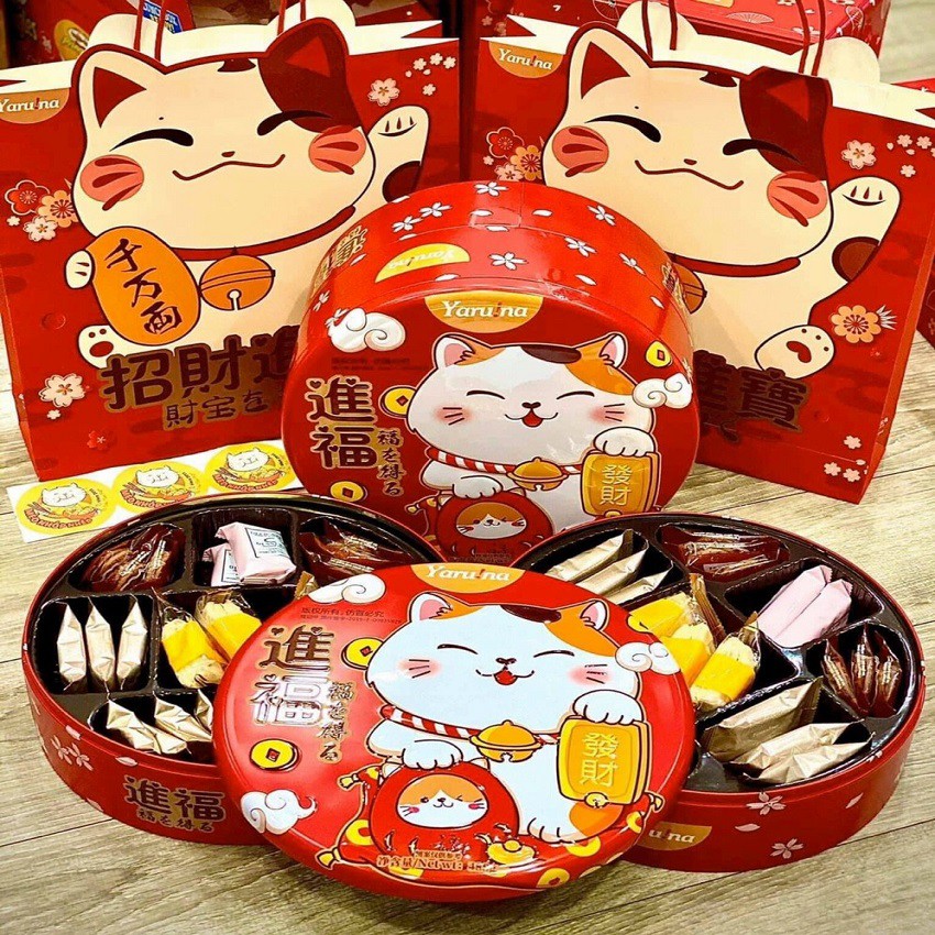 Bánh mèo thần tài❤️Bánh quy Yaruna 2 tầng đài loan hộp thiếc hình tròn, vuông siêu ngon