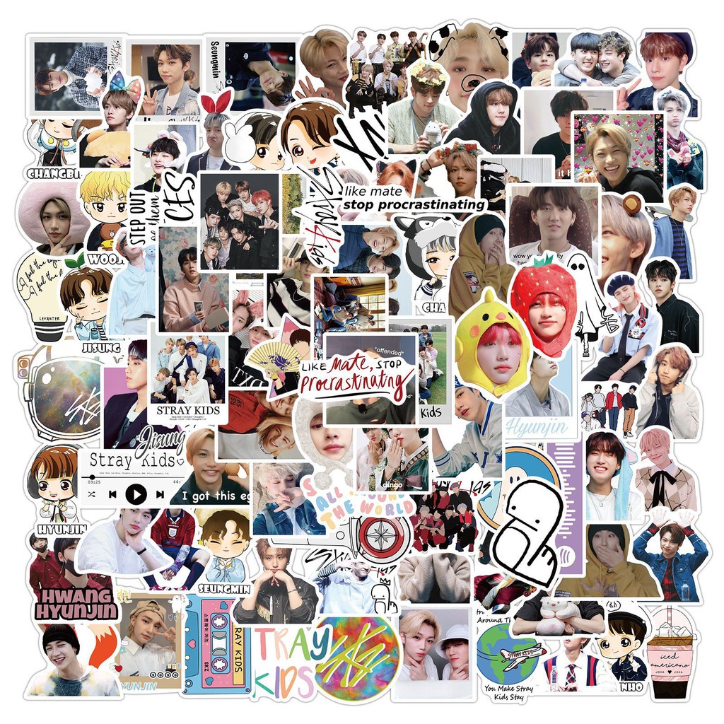 Set 100 / 50 / 25 / 10 Miếng Dán Trang Trí Tủ Lạnh / Nón Bảo Hiểm In Chữ Stray Kids