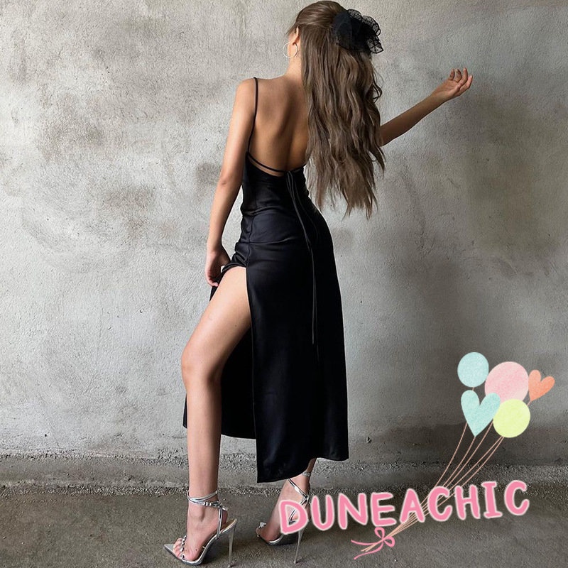 DUNEA Đầm Hai Dây Hở Lưng Xẻ Tà Gợi Cảm Cho Nữ