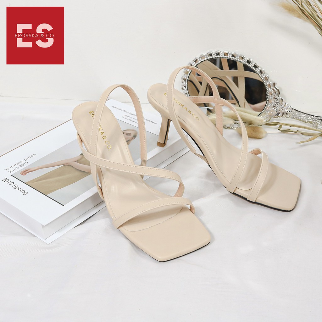 Sandal quai mảnh cao gót Erosska thời trang mũi vuông quai ngang phối dây tinh tế cao 7cm màu bò - EB022 | BigBuy360 - bigbuy360.vn