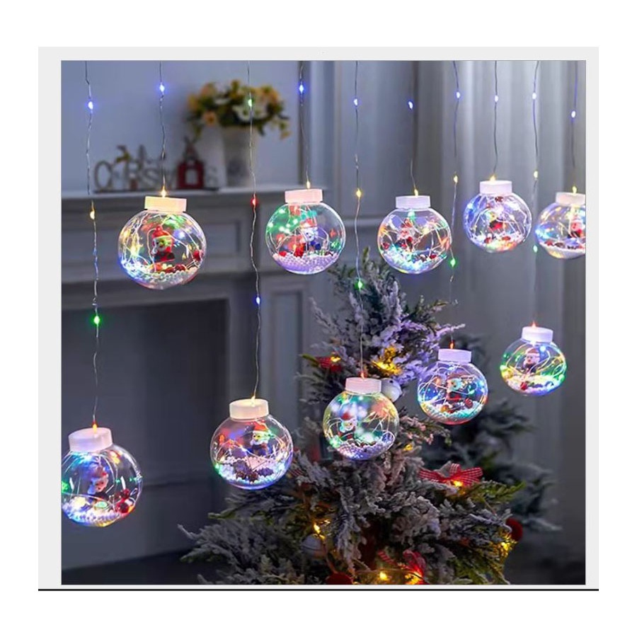 Đèn RÈM hình bóng đèn tròn chứa ÔNG GIÀ NOEL, TUẦN LỘC, CÂY THÔNG, NGƯỜI TUYẾT trang trí Giáng Sinh NOEL dây cắm điện