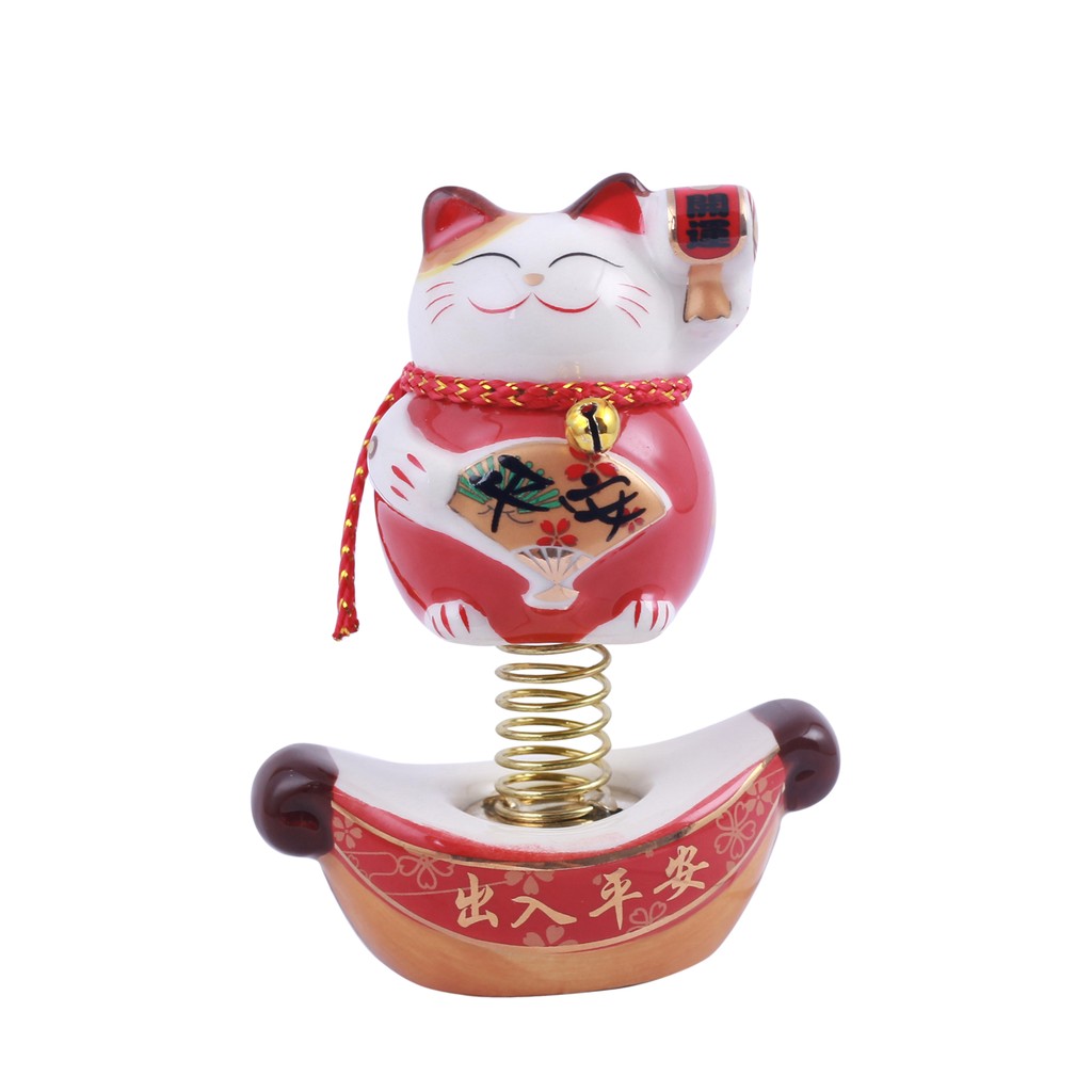 Tượng Mèo Gốm mini (đỏ-cầm quạt)
