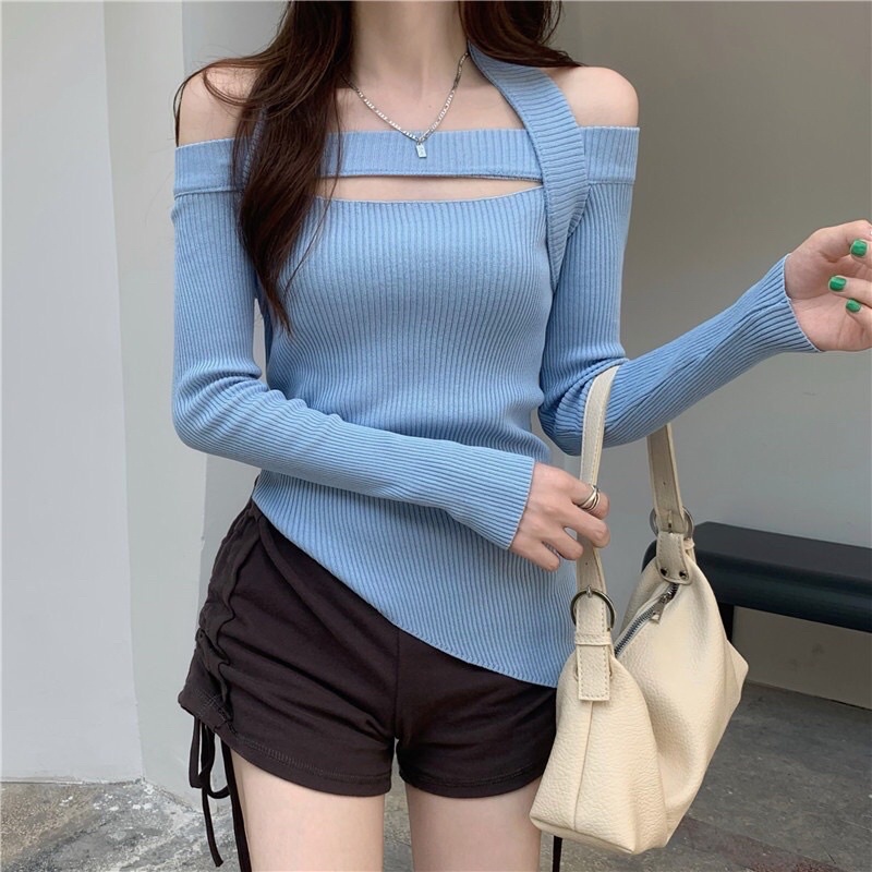 (chuyên sỉ) Áo Sweater Tay Dài Hở Vai Dáng Ôm Gợi Cảm Phong Cách Hàn Quốc Cho Nữ