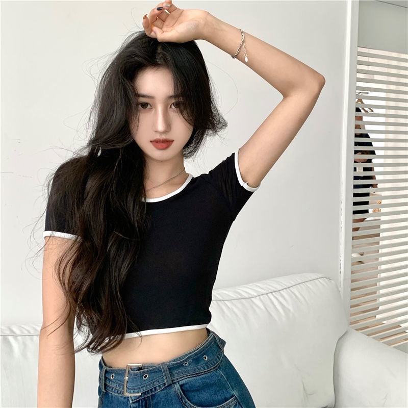 Áo Thun COZOK Croptop Ngắn Tay Cổ Tròn Form Ôm Màu Sắc Tương Phản
