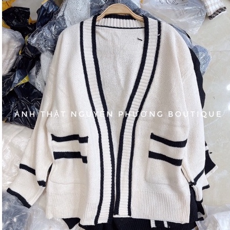 Áo cardigan len khoác ngoài viền đen trắng kiểu mới Quảng Châu