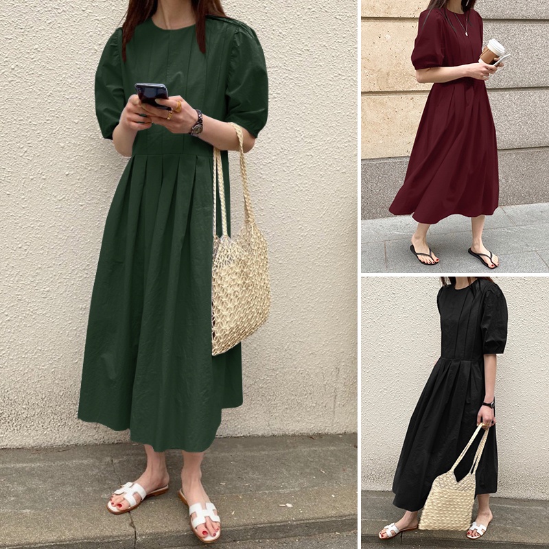Đầm maxi ZANZEA eo cao tay phồng màu trơn phối khóa kéo thời trang dành cho nữ