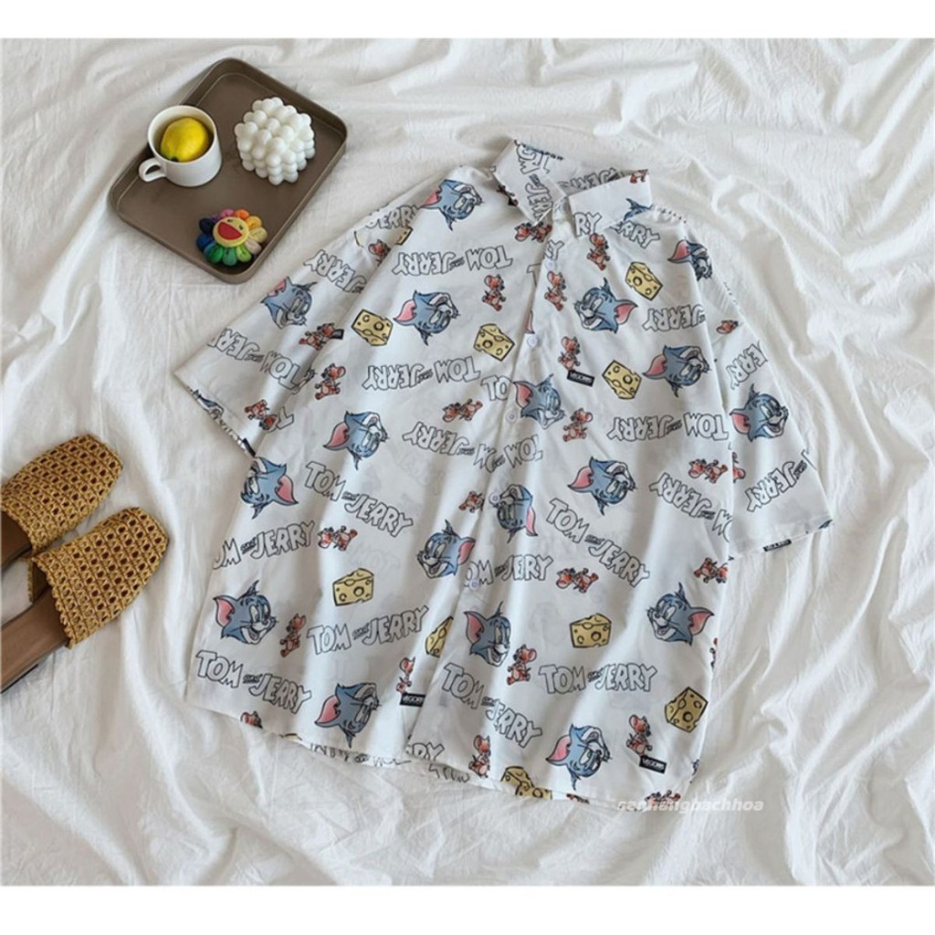 áo sơ mi nữ unisex in hoạt tiết hoạt hình tom and jerry