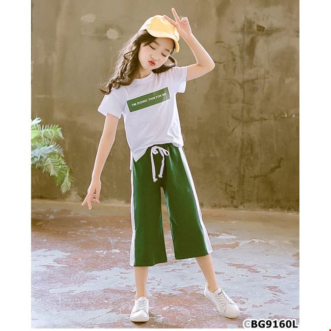 Bộ thun I'm doing và quần lửng ống rộng cho bé gái