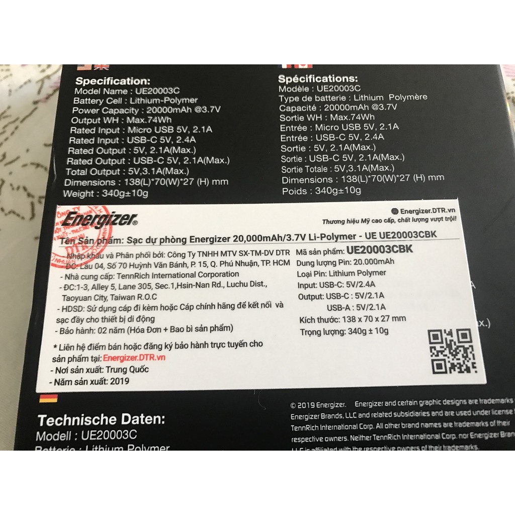 Pin Sạc Dự Phòng Energizer UE20003 dung lượng 20000mah.