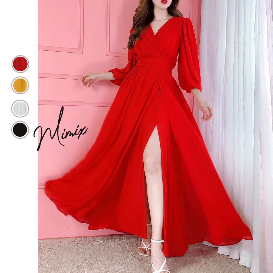 Đầm maxi xòe xẻ tà bo eo MIMIX BA2230