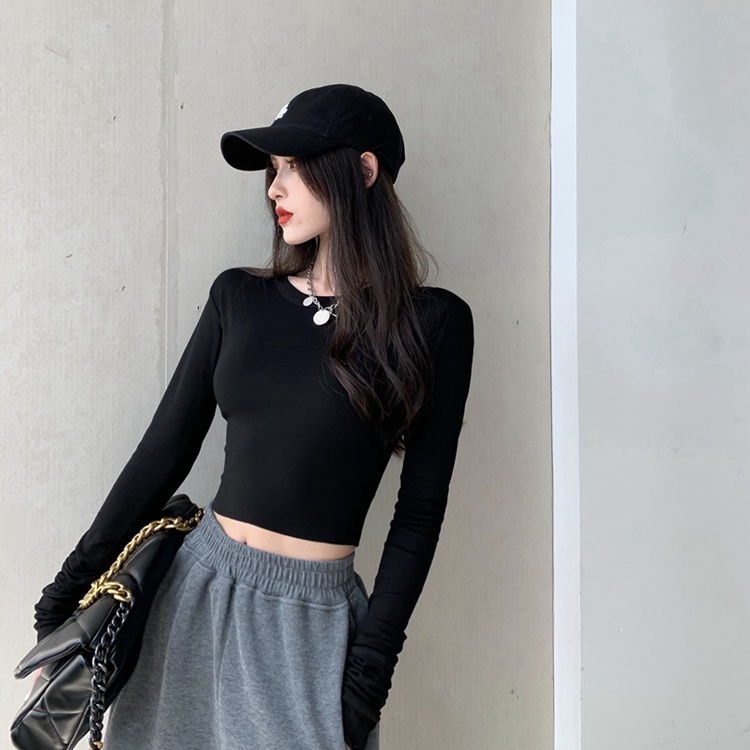 DUNEA Áo thun lửng tay dài màu trắng quyến rũ cho nữ