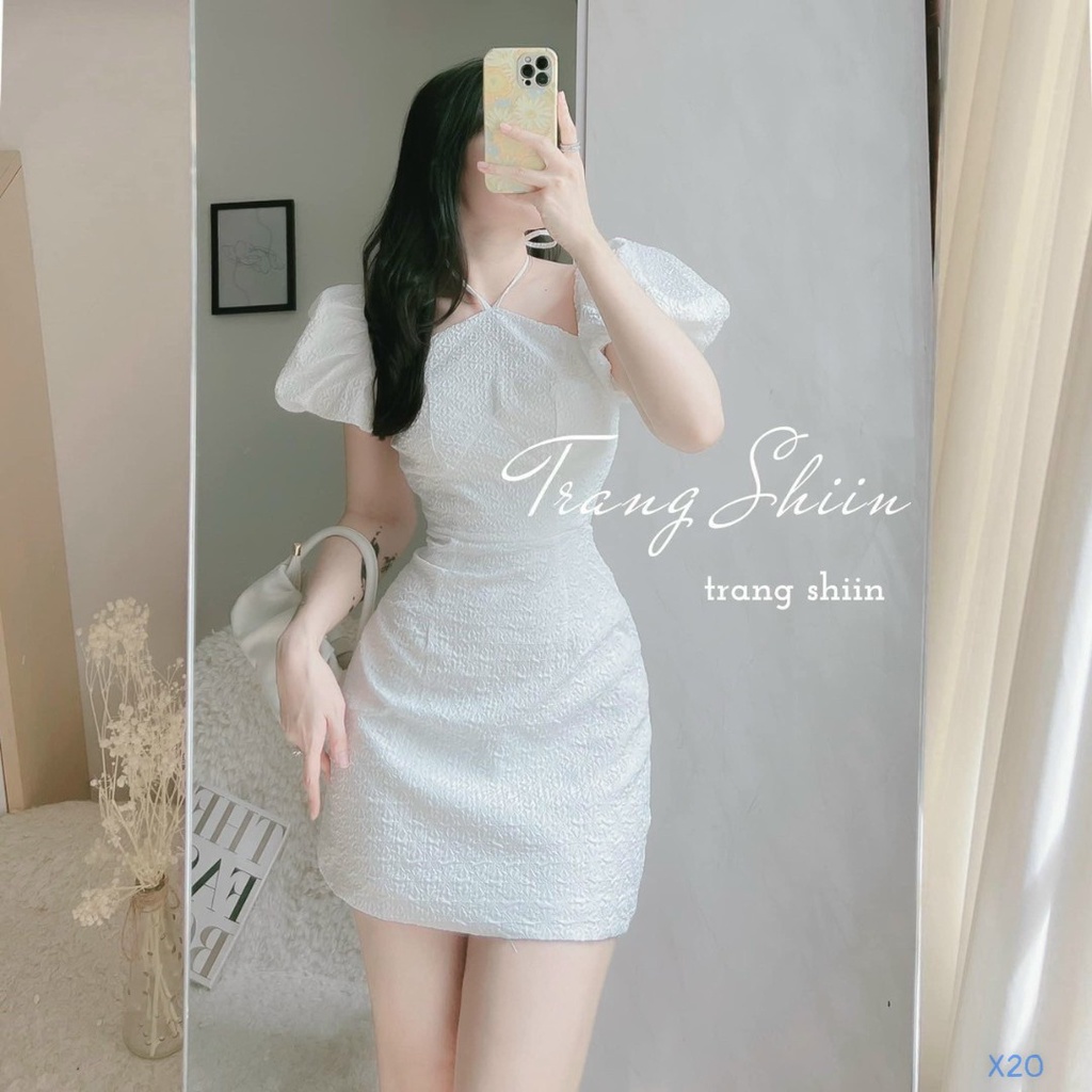 Đầm công chúa dự tiệc cưới, đầm suông tôn dáng thiết kế cổ yếm tay phồng chất gấm hoa cao cấp