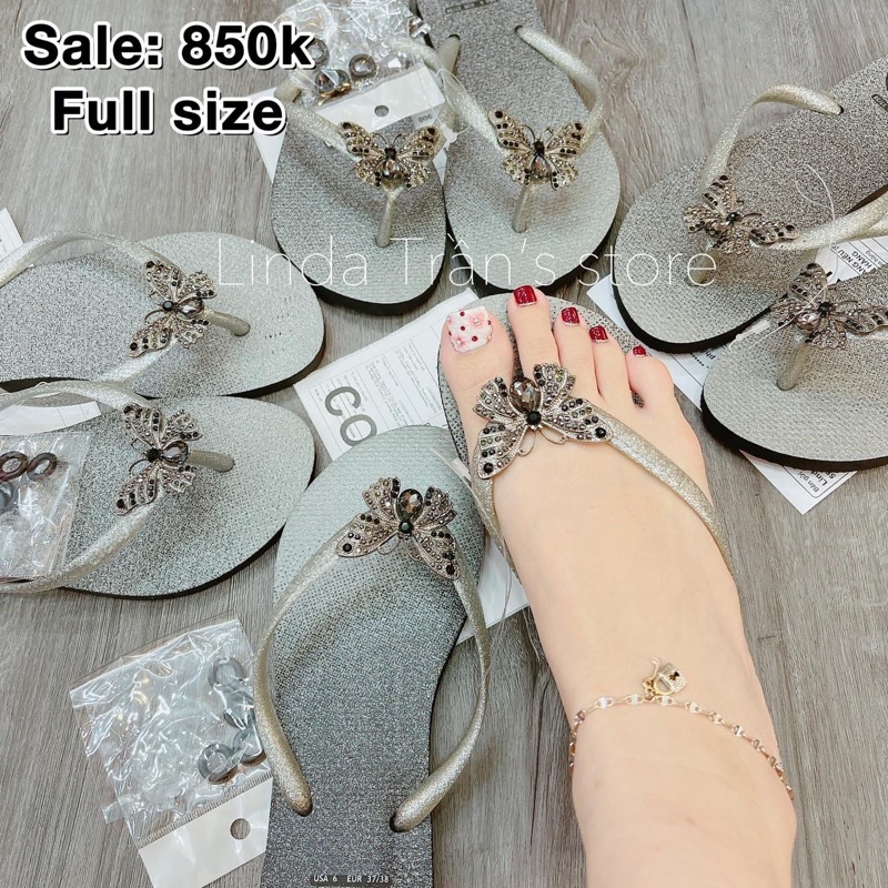 dép HVN nhũ  mix charm hạt phượng vàng