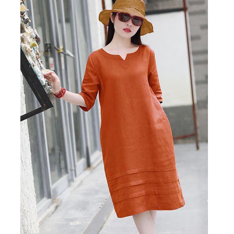 Đầm suông linen tay lỡ cổ phát V, chất vải linen tự nhiên mềm mát, thời trang xuân hè 2021