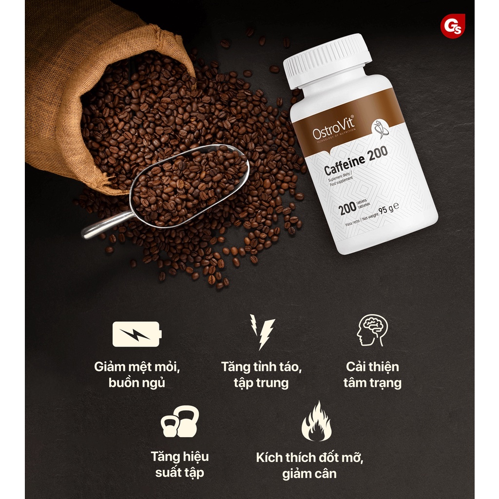 Viên uống Ostrovit Caffeine (200mg, 200 Tablets) nhập khẩu Ba Lan phân phối Gymstore tăng hiệu suất luyện tập, tỉnh táo