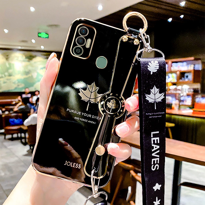 Ốp Điện Thoại Silicon gel Mềm Mạ Điện Chống Sốc Hình Lá Phong Có Dây Đeo Cho TECNO SPARK 7 7