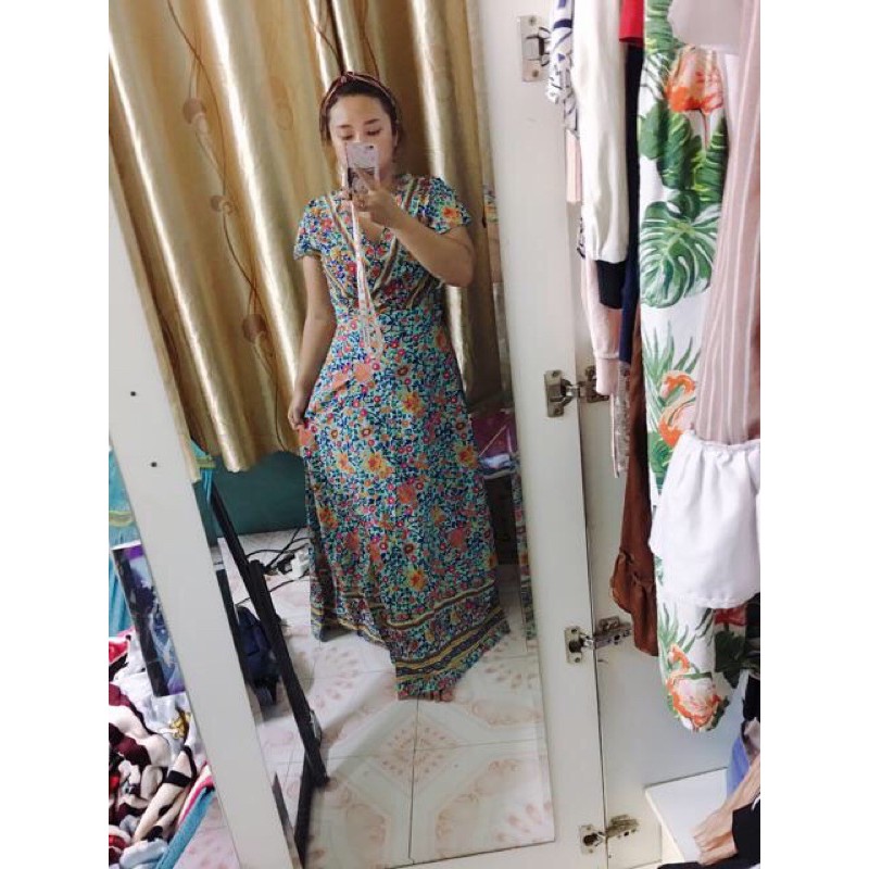 (S-XXL bigsize ) Đầm váy Vintage thổ cẩm Boho cổ V thắt eo