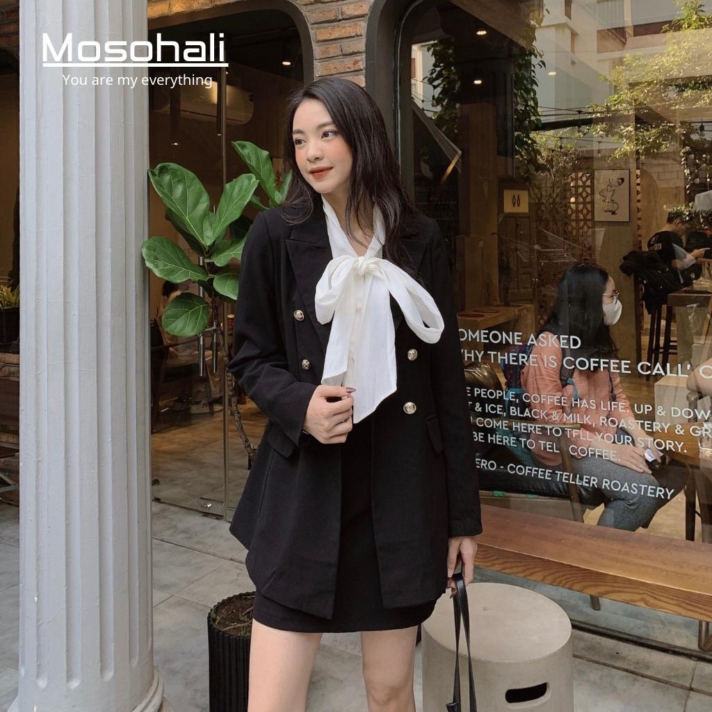Set vest nữ Mosohali đen trơn 6 khuy set blazer nữ chân váy cạp cao (Áo vest + chân váy)
