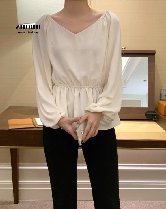 SUXI Áo Sơ Mi Tay Dài Cổ Chữ V Màu Trơn Thiết Kế Đơn Giản Phong Cách Hàn Quốc