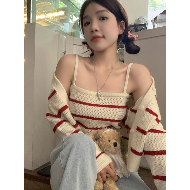 ZHELIHANGFEI Áo Cardigan Dệt Kim Hai Dây Lưng Cao Họa Tiết Kẻ Sọc Phong Cách Quyến Rũ