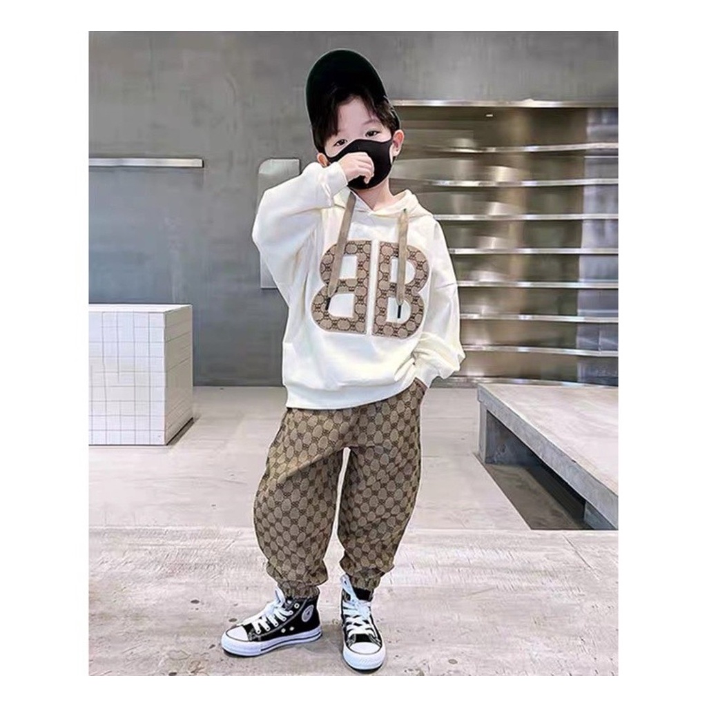 Quần áo bé trai, bộ thu đông bé trai áo mũ thêu chữ BB quần GC dệt trên vải sz 13-25kg