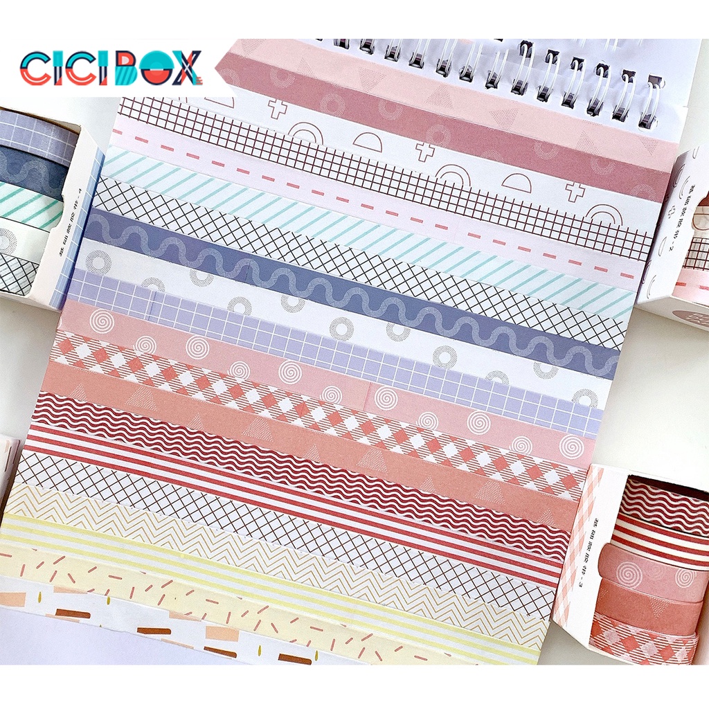 Băng dính washi tape bộ 5 cuộn trang trí nhiều màu, Băng keo chuyên dụng tiện lợi CICIBOX