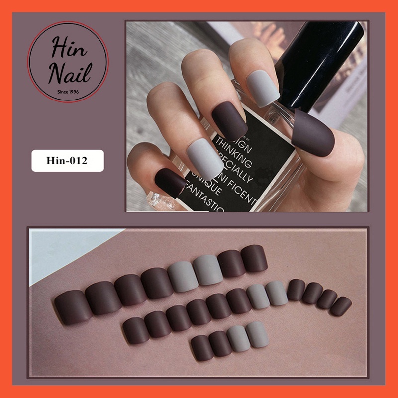 Sét 24 móng tay giả kèm keo Hin Nail tông màu nâu xám